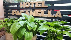 A sign for Hotel Paganelle with three potted plants in front.