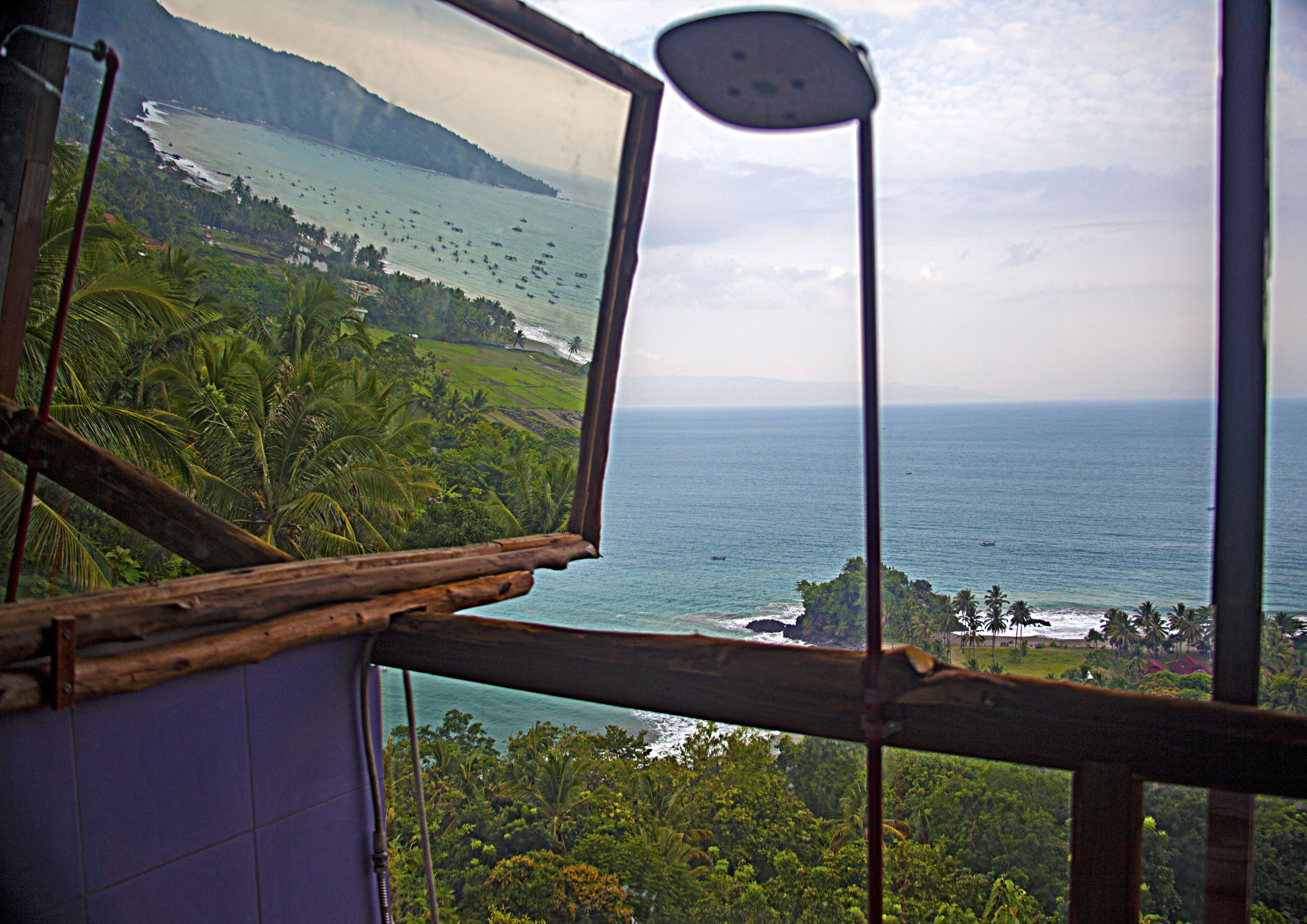 A view through a window with a wooden frame, overlooking a coastal landscape with palm trees and the ocean.