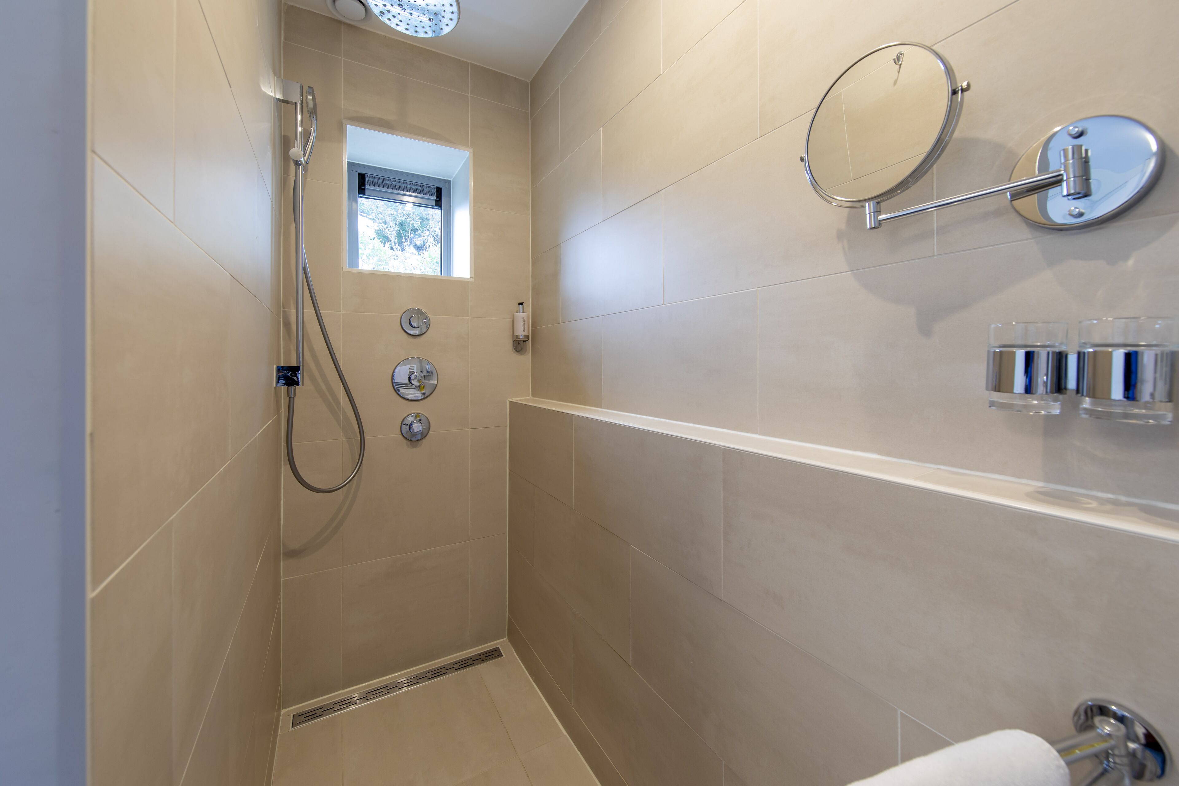 A modern bathroom with a walk-in shower, a wall-mounted mirror, and a toilet paper holder.