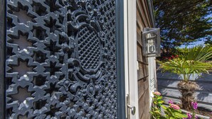 A decorative metal gate with intricate patterns, a door with a handle, and a potted plant with pink flowers.