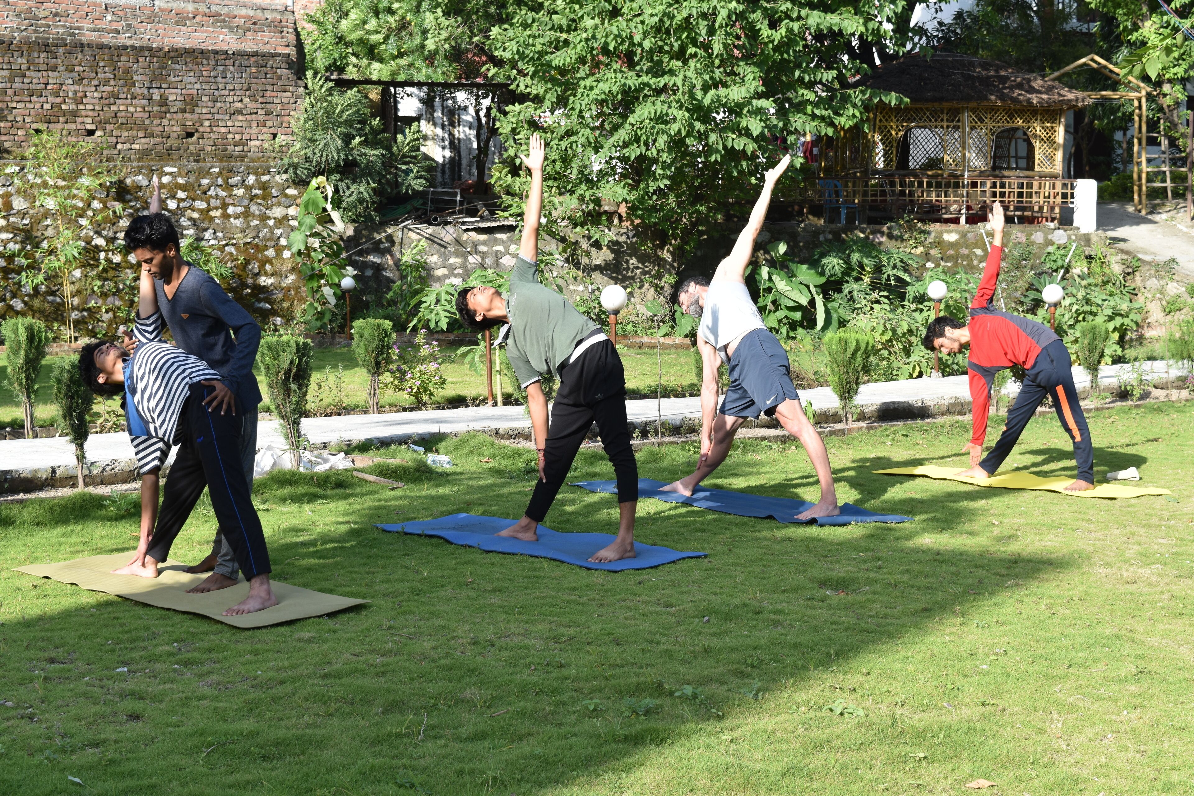 Four people performing yoga on mats in an outdoor setting with a brick wall and greenery in the background.