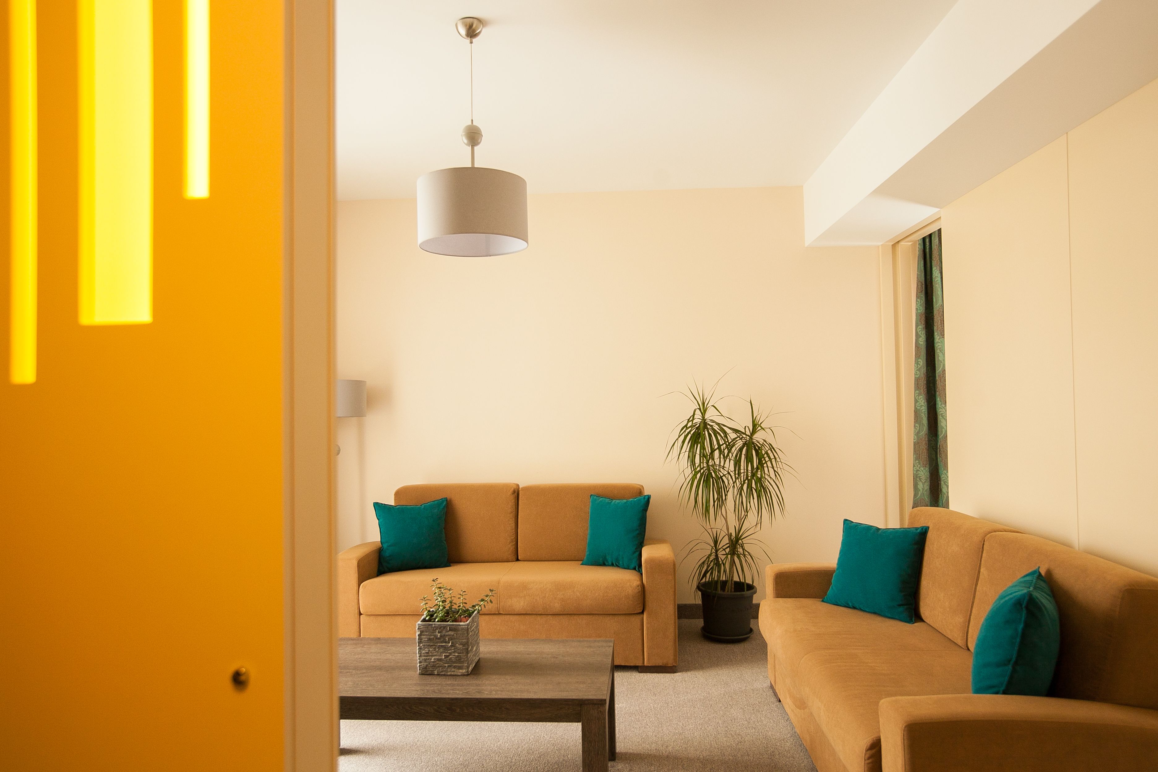 A modern living room with a sofa, coffee table, and a hanging light fixture.