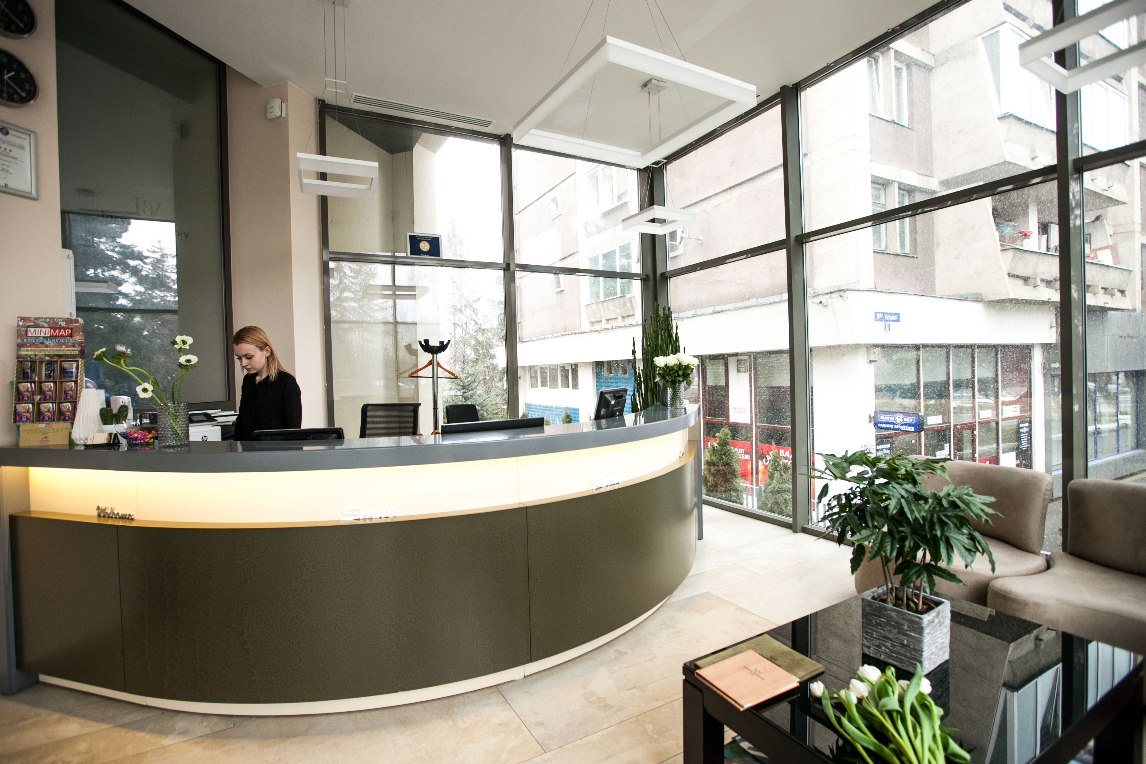 A reception desk with a woman standing behind it, large windows, and a plant on a table.