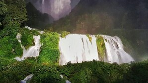 Una cascada se precipita por un acantilado rocoso rodeado de exuberante vegetación.