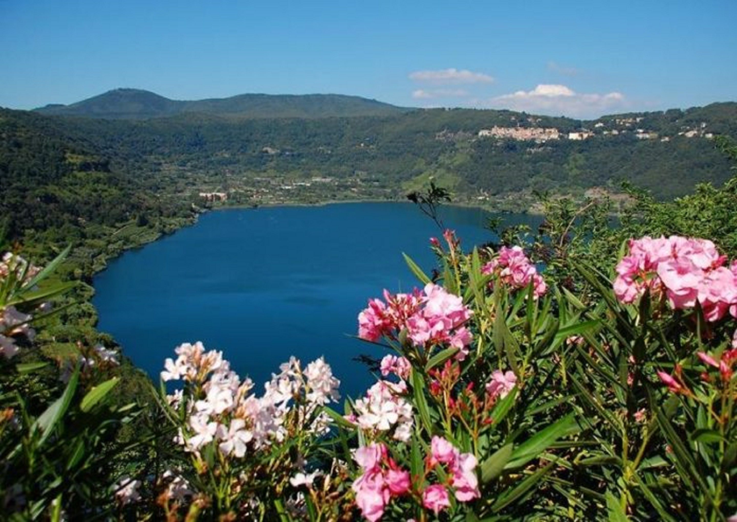 A lake surrounded by greenery and hills, with a clear sky.