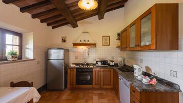 Senior Duplex | Private kitchen | Full-size fridge, microwave, oven, stovetop