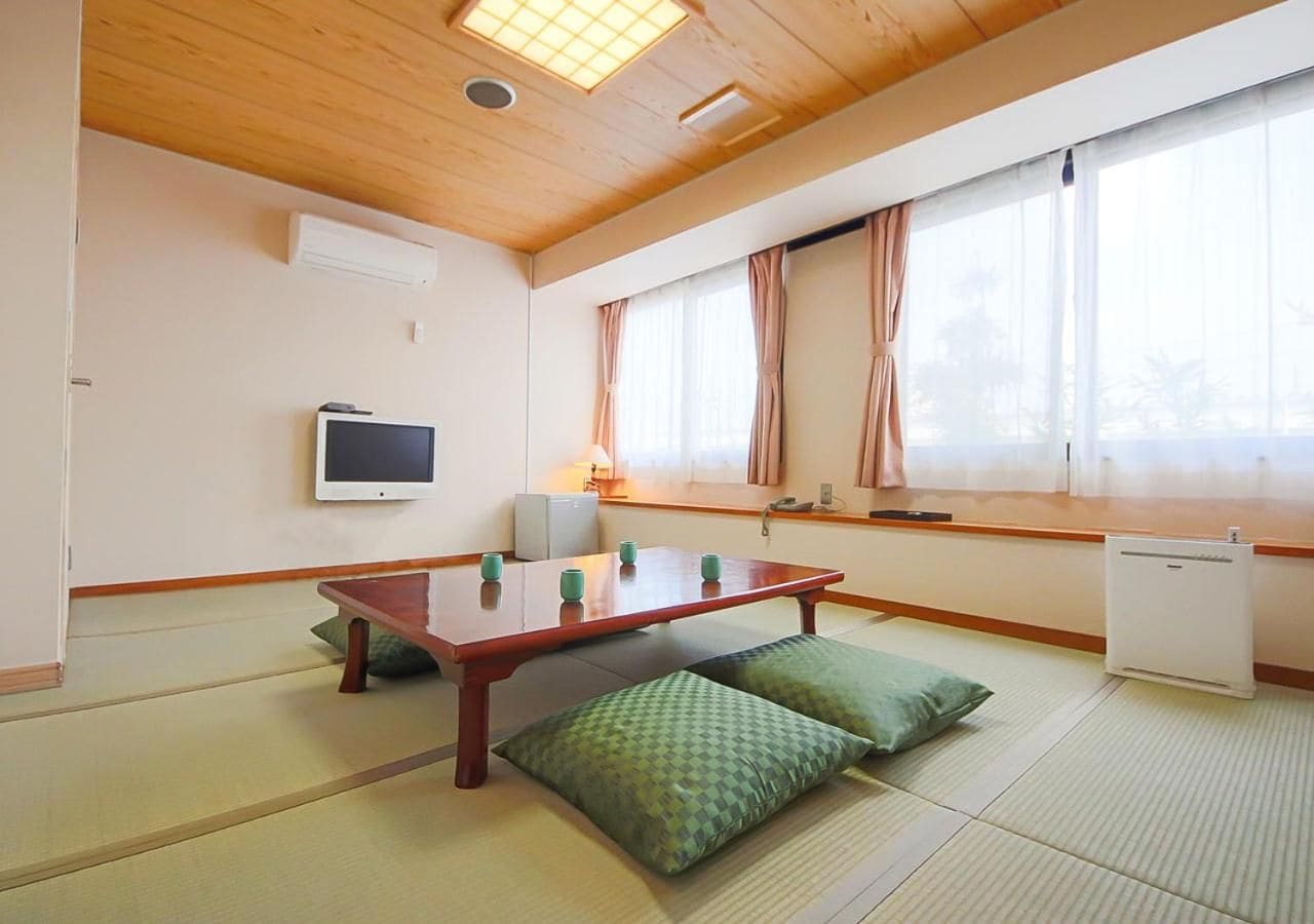 A traditional Japanese-style room with tatami flooring, a low wooden table, cushions, a television, and a window with curtains.
