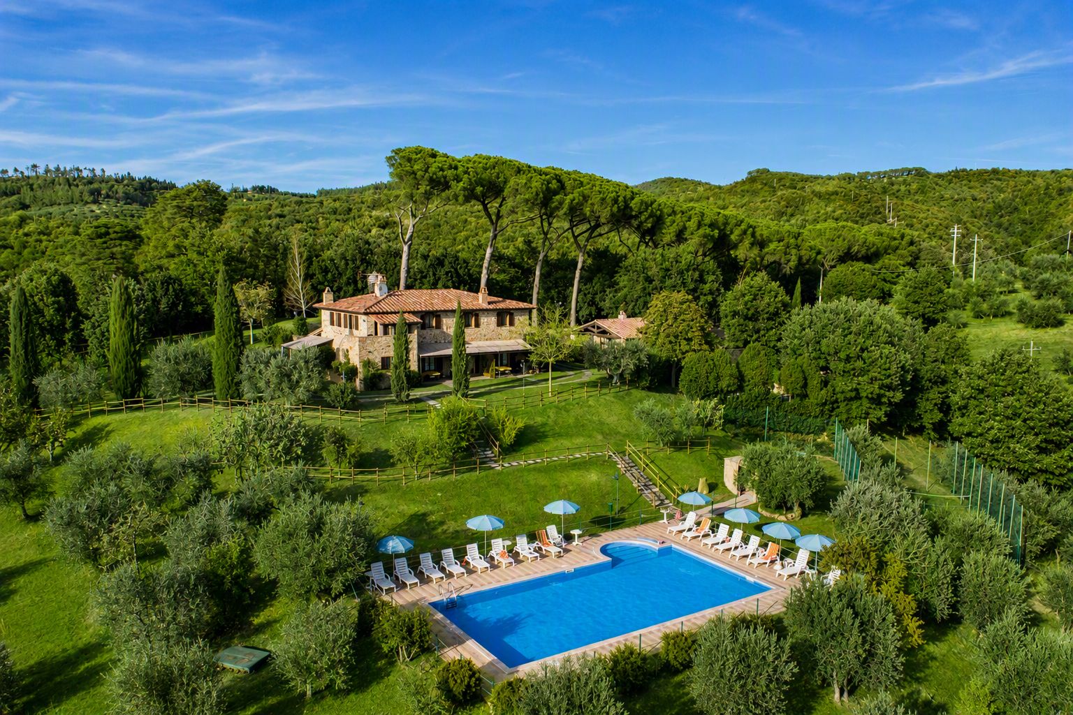 A large house with a swimming pool surrounded by greenery and trees.