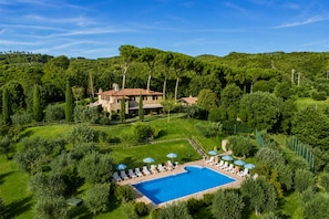 A large house with a swimming pool surrounded by greenery and trees.