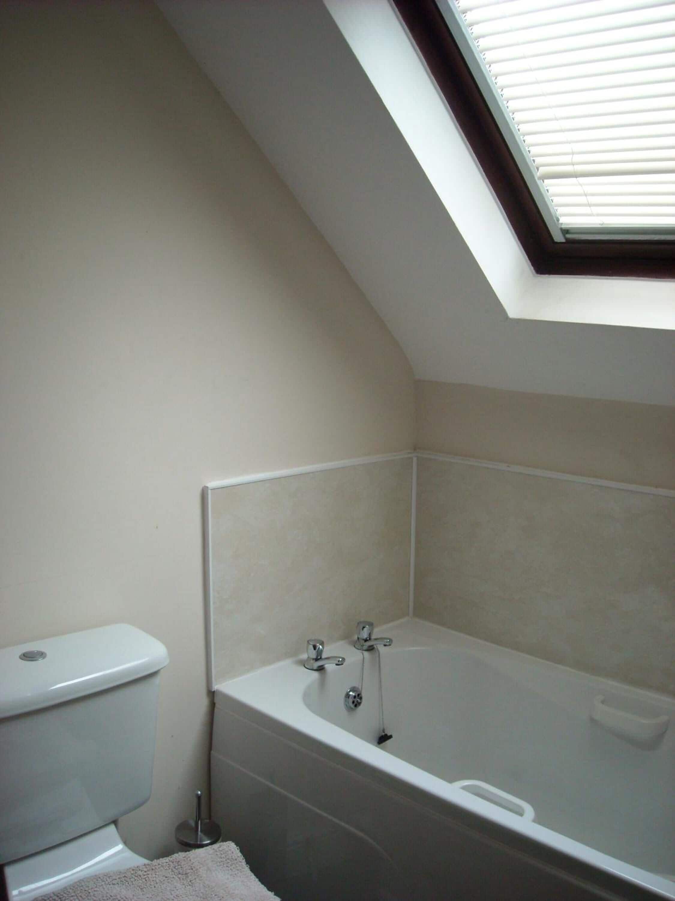 A small, modern bathroom with a skylight, a toilet, and a bathtub.