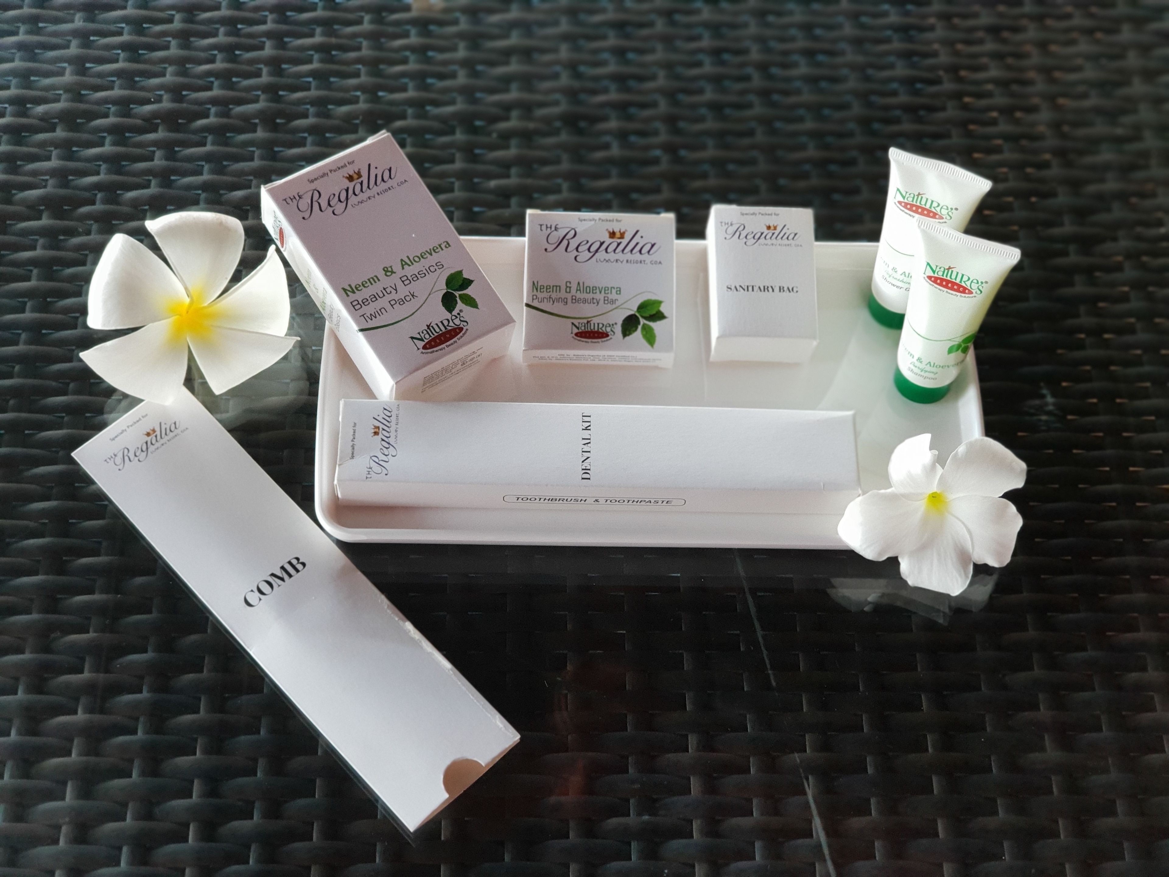 A tray with various Regalia products including a twin pack, a dental kit, a sanitary bag, and two tubes of shampoo, arranged on a woven surface.