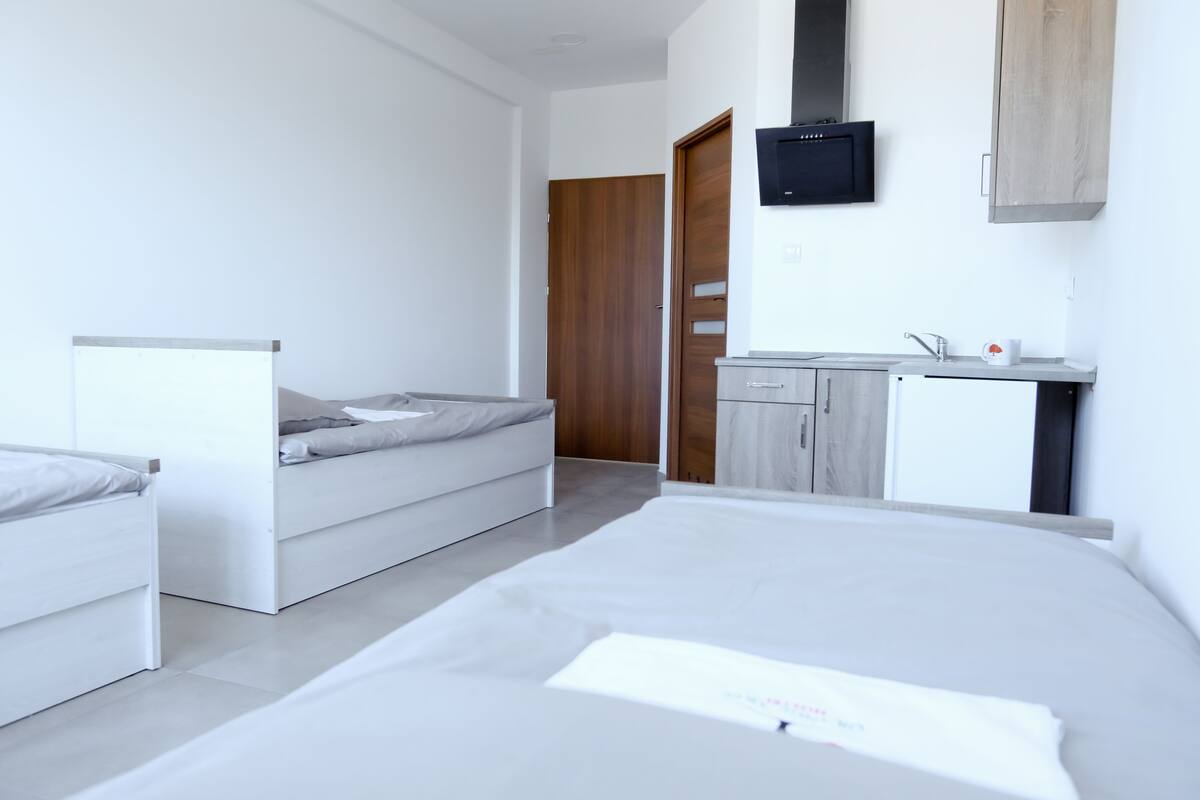 A modern bedroom with two beds, a wooden door, a small kitchenette, and a TV mounted on the wall.