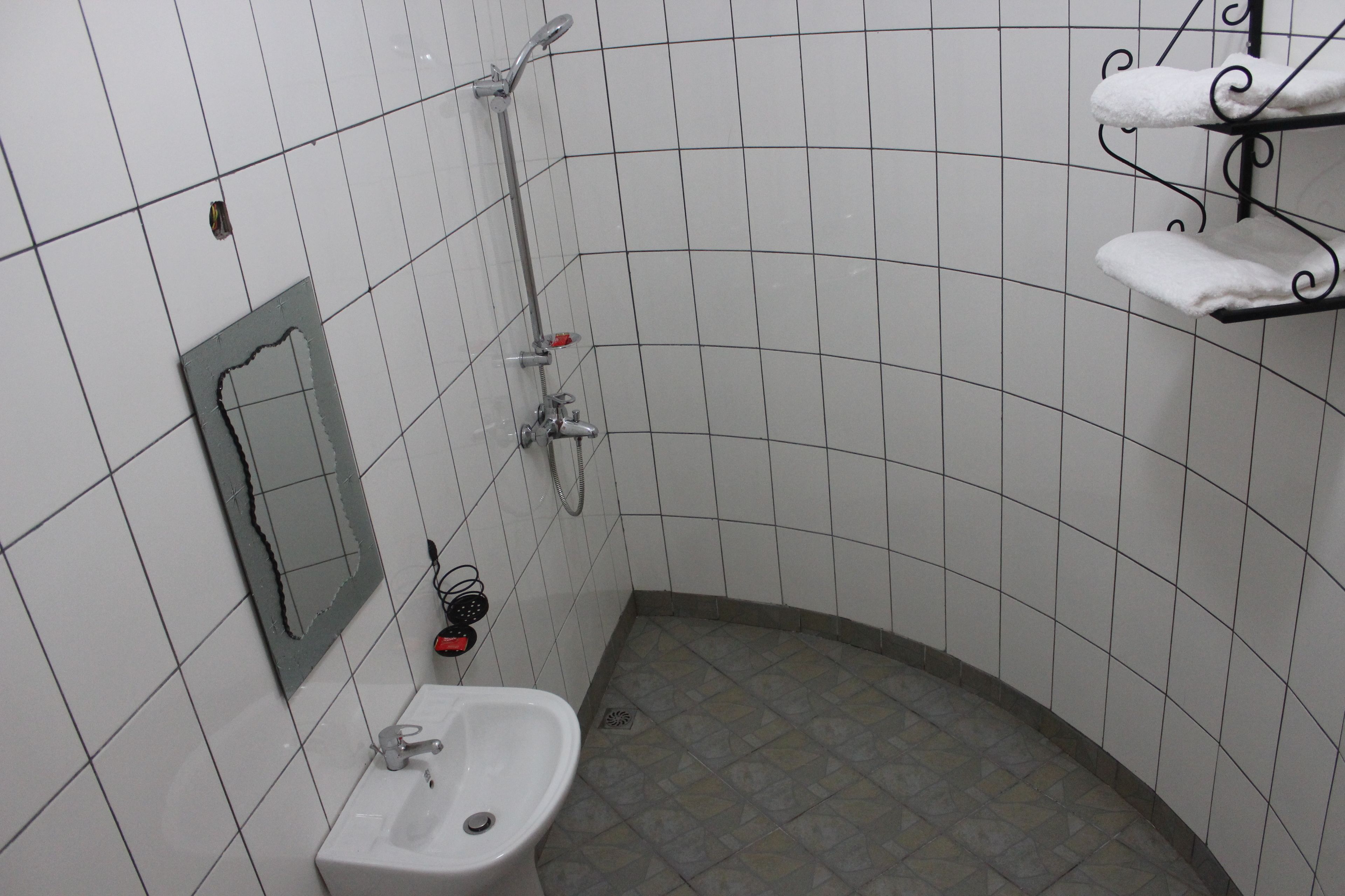 A bathroom with a sink, a mirror, a shower, and a towel rack.