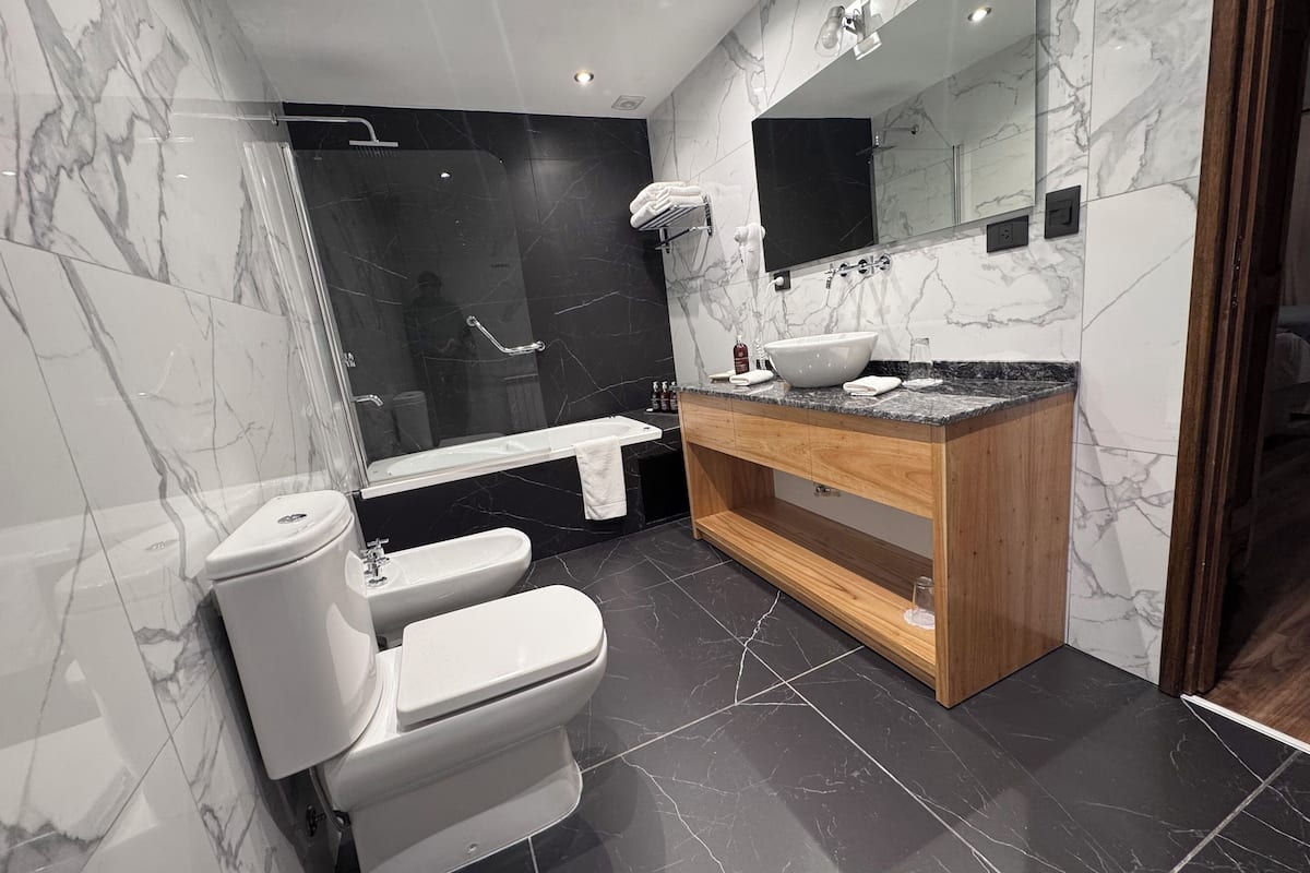 deluxe double room | bathroom | free toiletries, hair dryer, bidet, towels
