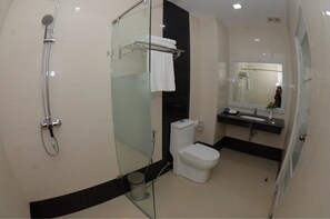 Shower, free toiletries, hair dryer