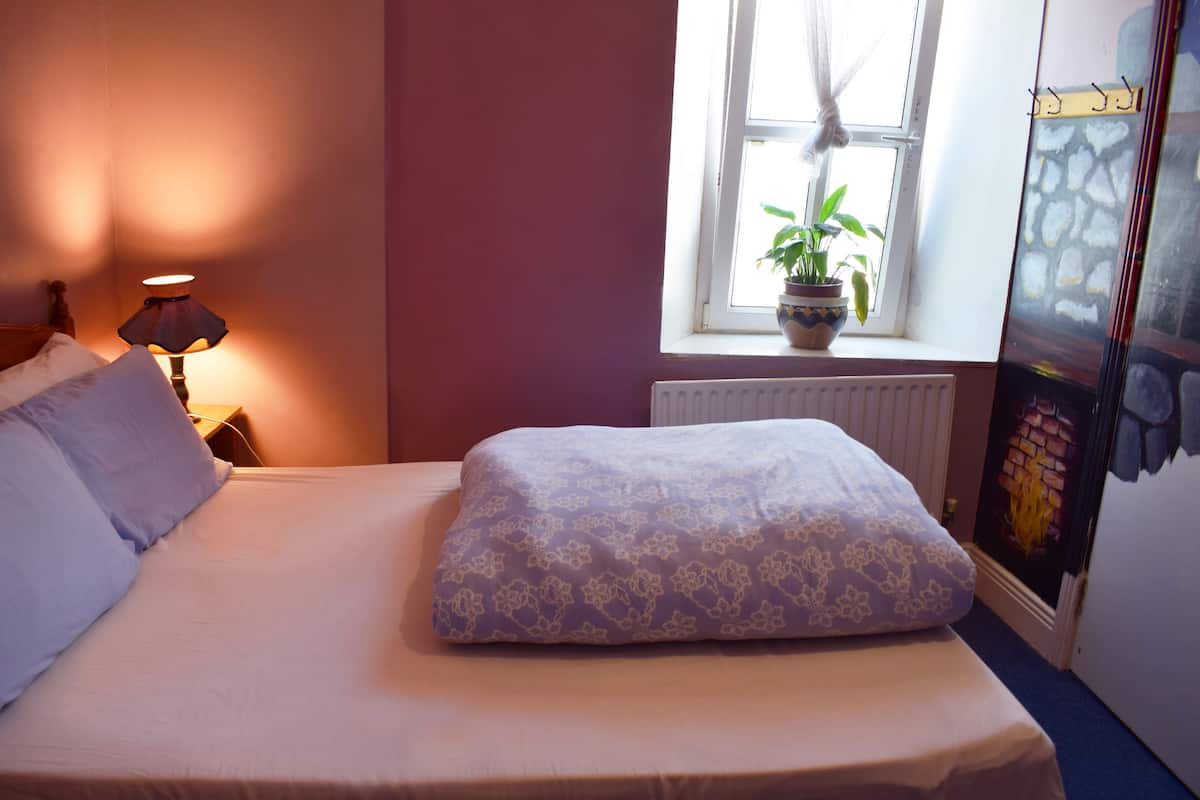 Ein ordentlich bezogenes Bett mit einem blumendruck-Kissen und einem schlichten Kissen, eine Nachttischlampe, ein Blumentopf auf der Fensterbank und eine Heizung.