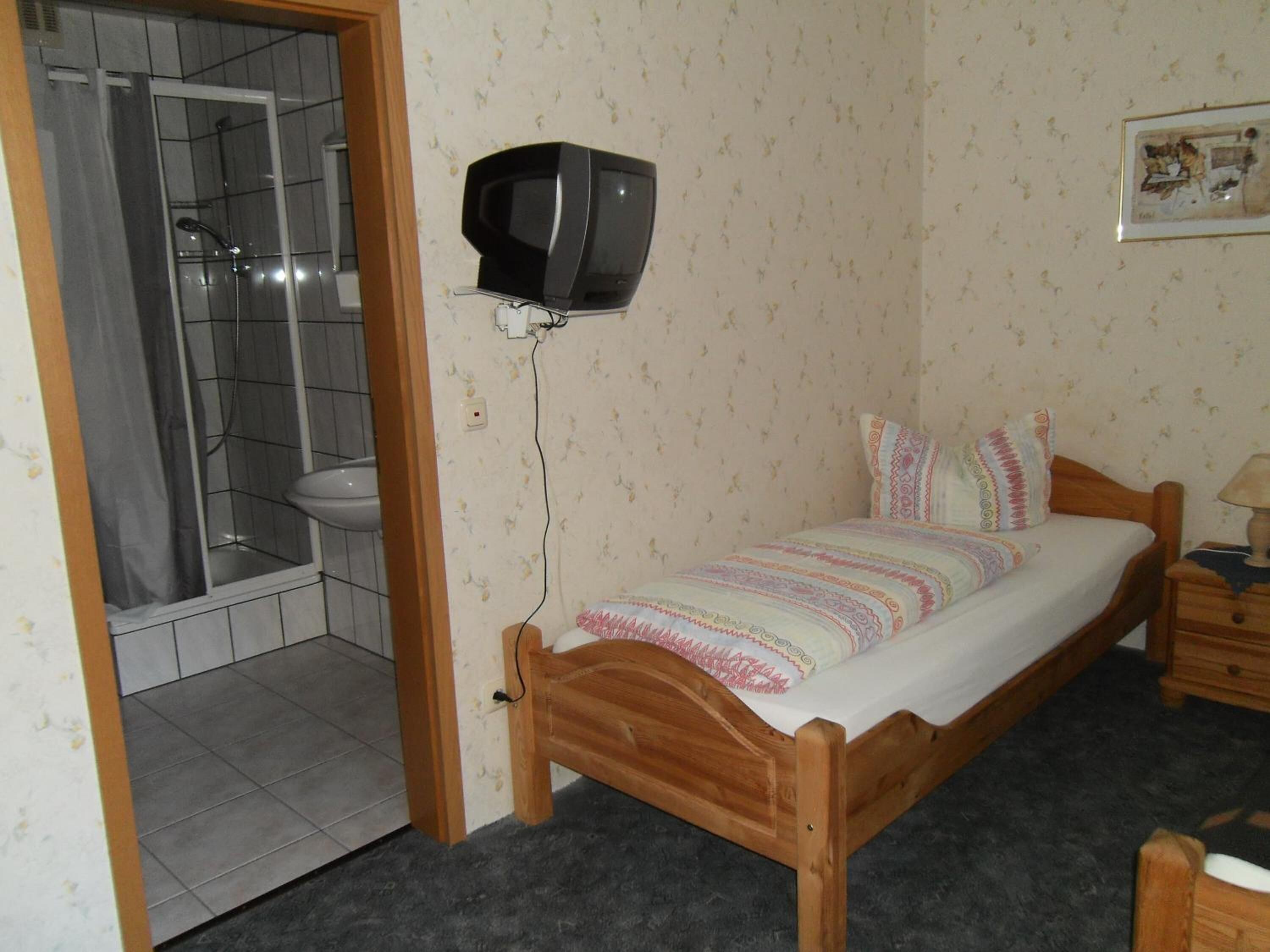 Ein kleines Schlafzimmer mit einem hölzernen Bett, einem an der Wand montierten Fernseher, einer Duschkabine und einer Toilette.