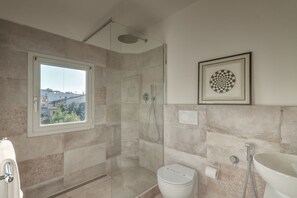 Shower, hair dryer, towels