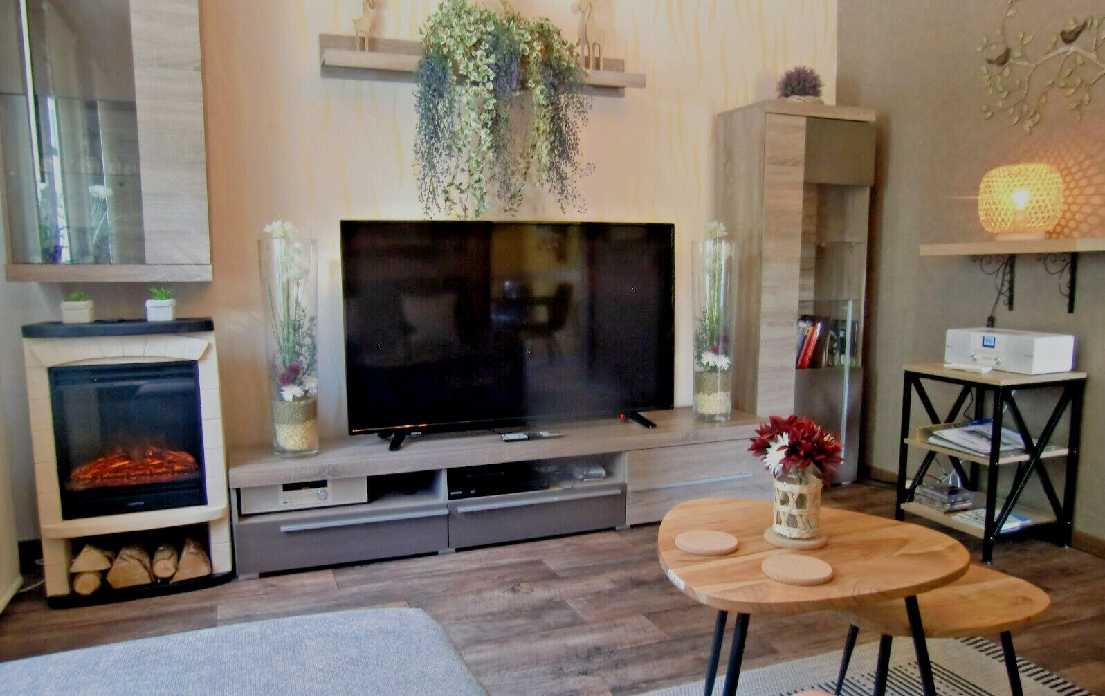 Smart TV, fireplace, video games, DVD player