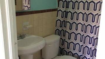 Un baño con cortina de ducha estampada, un lavabo y dos inodoros.