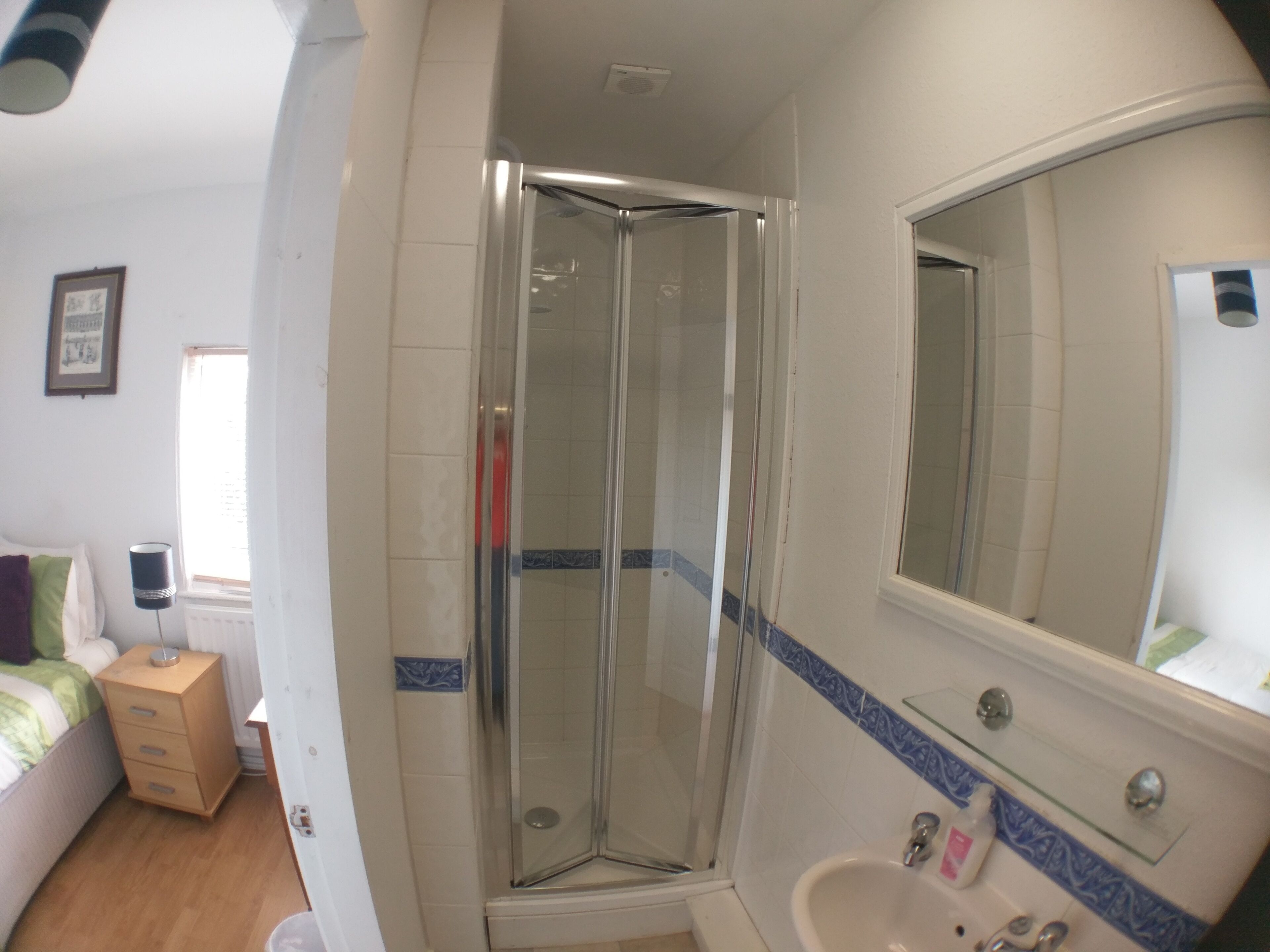 A bathroom with a glass shower enclosure, a sink with a mirror, and a bed with a nightstand.
