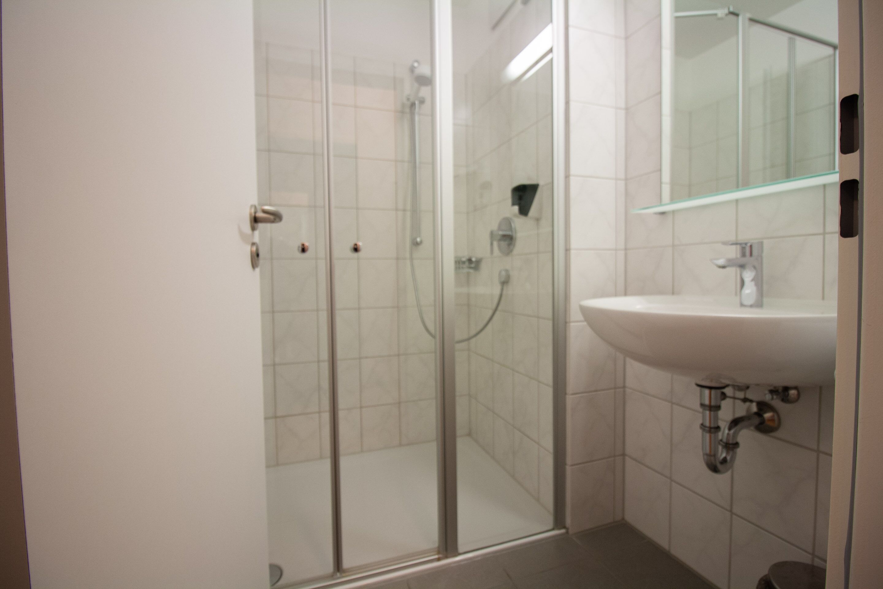 A bathroom with a glass-enclosed shower, a white sink, and a mirror above the sink.