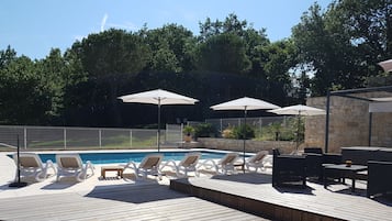 Utomhuspool, parasoller och solstolar