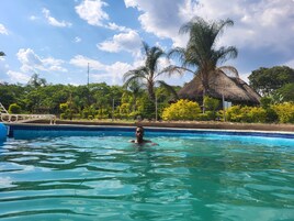 Una piscina con agua cristalina, rodeada de exuberante vegetación y una estructura con techo de paja.