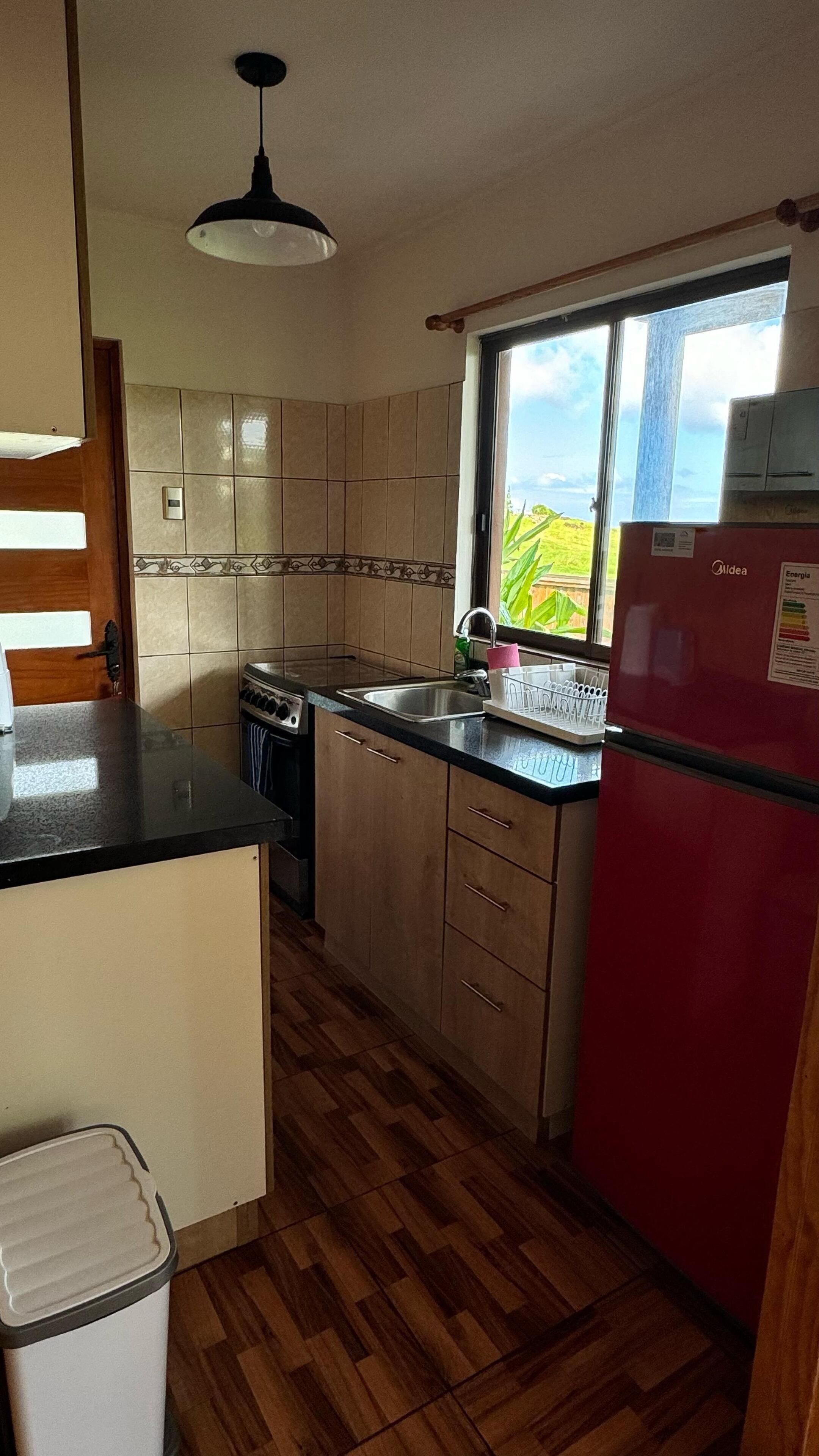 A kitchen with wooden cabinets, a stainless steel sink, a red refrigerator, and a window with a view of greenery.
