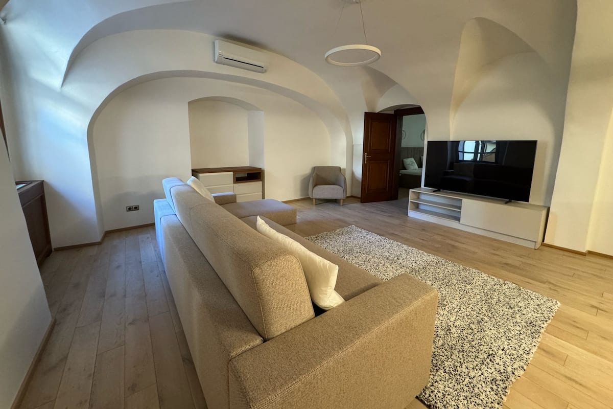 Una sala de estar moderna con sofá, televisor y diseño de techo abovedado.