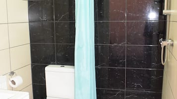 Separate tub and shower, towels, toilet paper