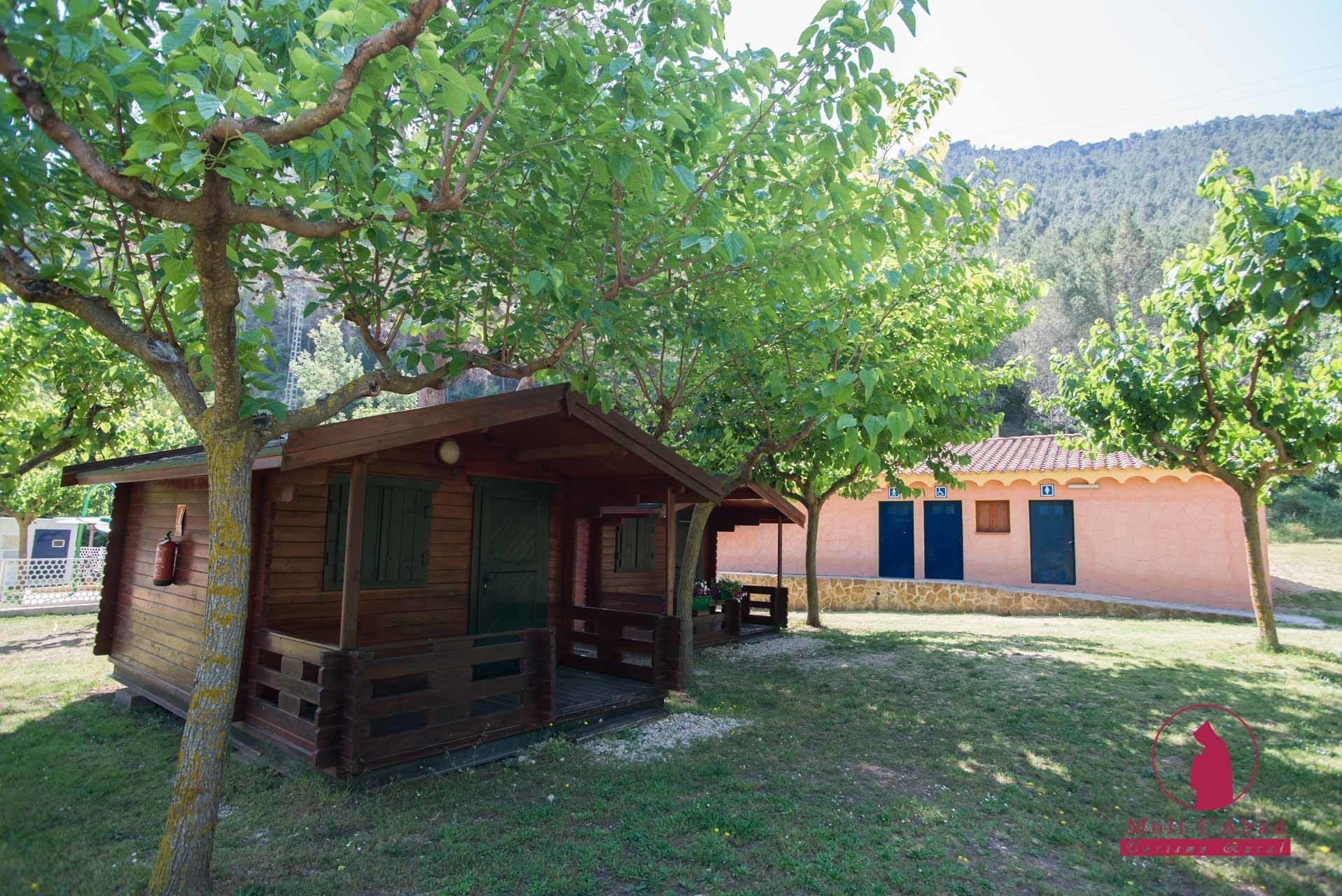 A rustic wooden cabin with a porch, a small attached structure, and a mountain backdrop.