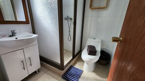 Ein Badezimmer mit einem weißen Waschbecken, einer Toilette und einer Duschkabine.