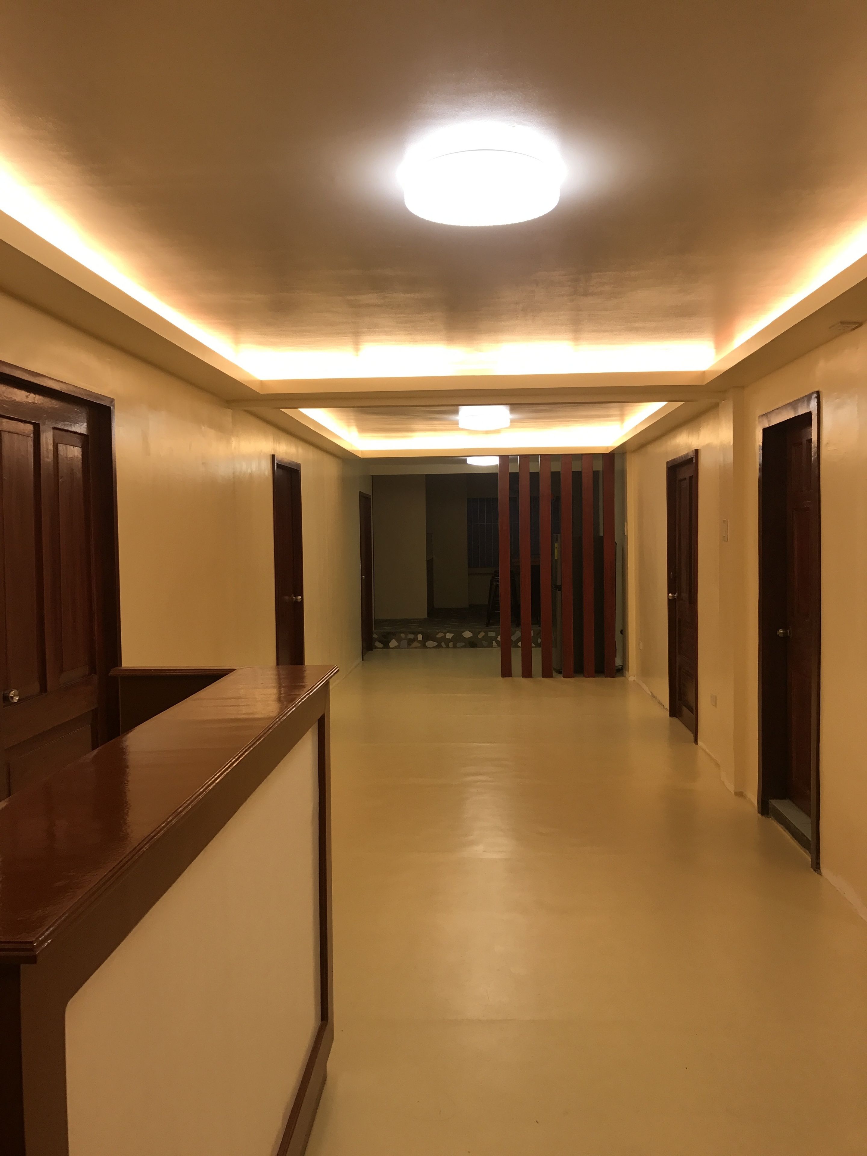 A hallway with wooden doors, a reception desk, and a ceiling light.