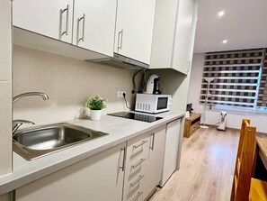 Réfrigérateur, micro-ondes, plaque de cuisson