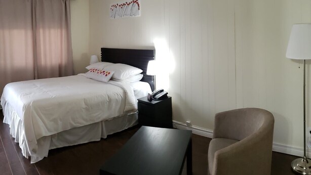 A hotel room with a bed, bedside table, lamp, chair, and a wall-mounted artwork. -  VOW MOTEL LISTOWEL ON (North Perth)