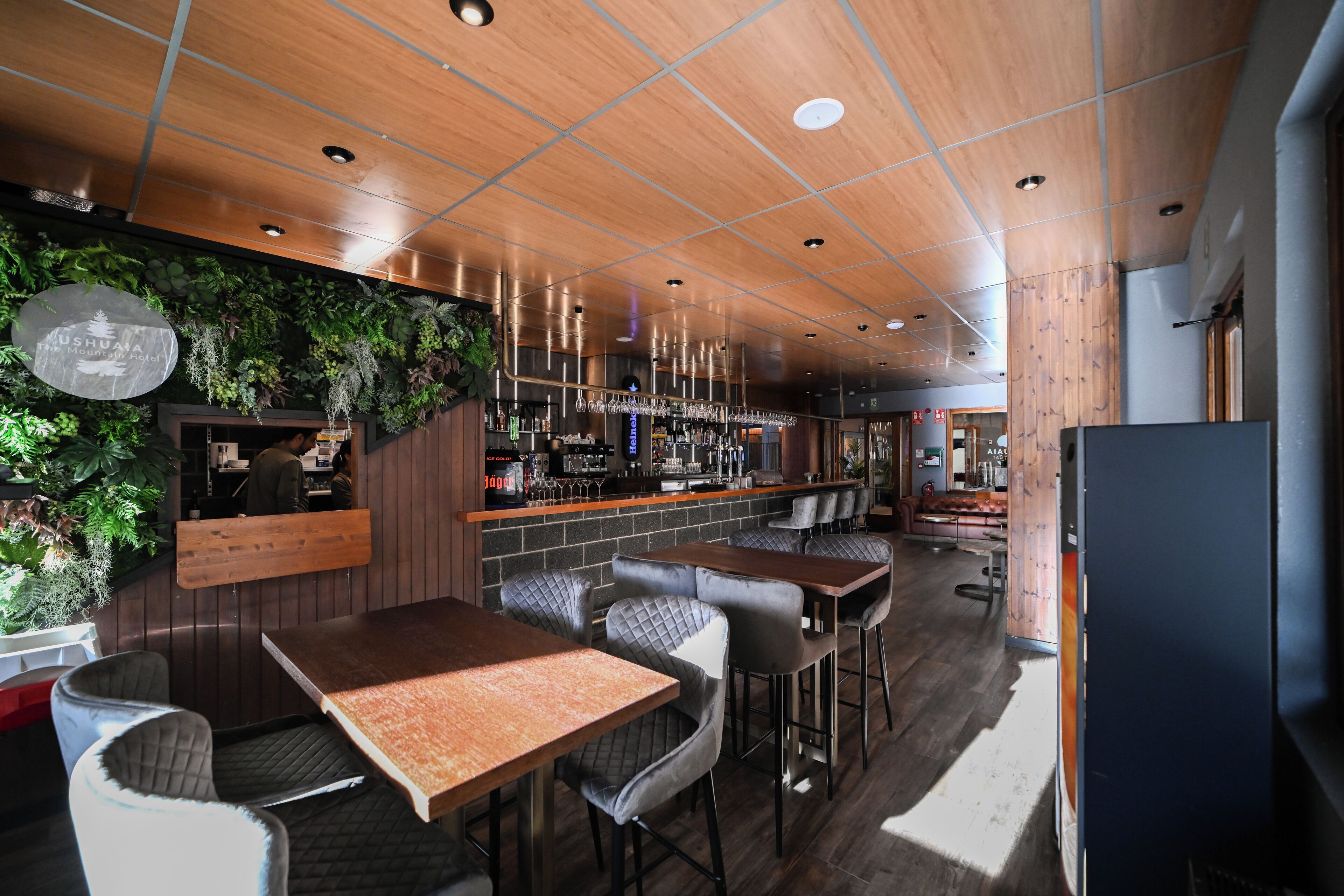 Interior de restaurante con techo de madera, barra, asientos y plantas.