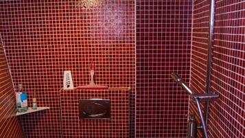 Een kleine badkamer met toilet, douche en een klein plankje met toiletartikelen.