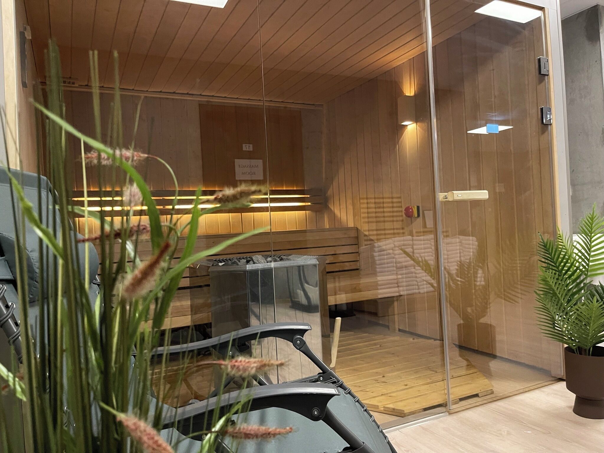 A modern room with wooden walls and a bench. There is a glass door and a potted plant.