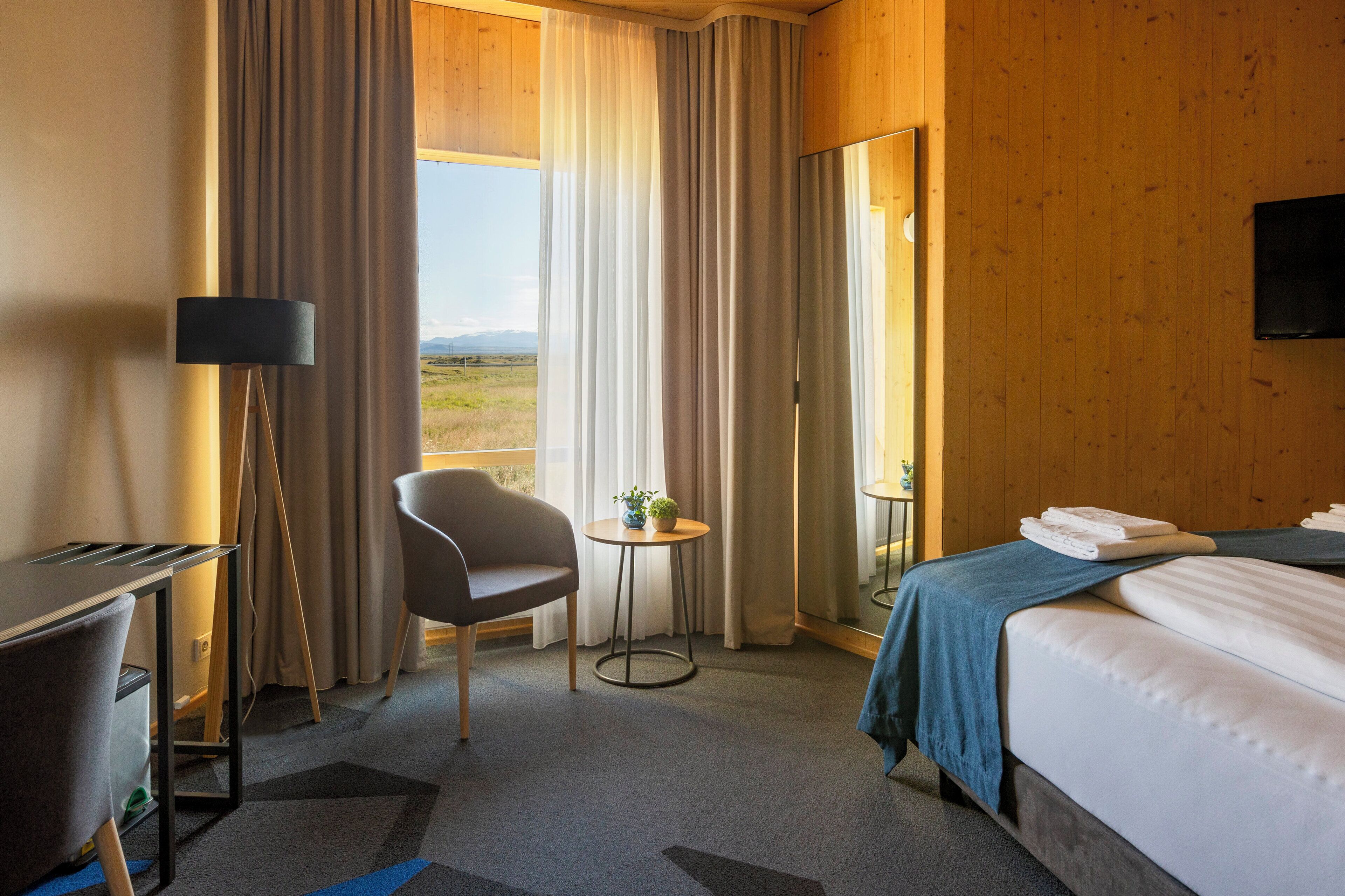 A hotel room with a bed, a desk, a chair, a small table with a plant, and a view of the outdoors.