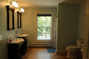 Combined shower/bathtub, hair dryer, towels, soap