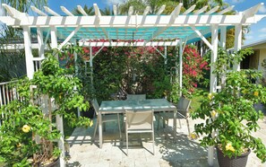 Ein überdachter Patio-Bereich mit Tisch und Stühlen, umgeben von Topfpflanzen und blühenden Sträuchern.