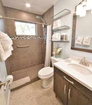 Ein modernes Badezimmer mit Dusche, Toilette und Waschtisch.