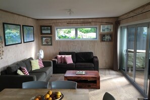 Una televisión, libros, un reproductor estéreo