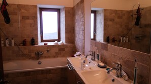 Combined shower/bathtub, hair dryer, towels, soap