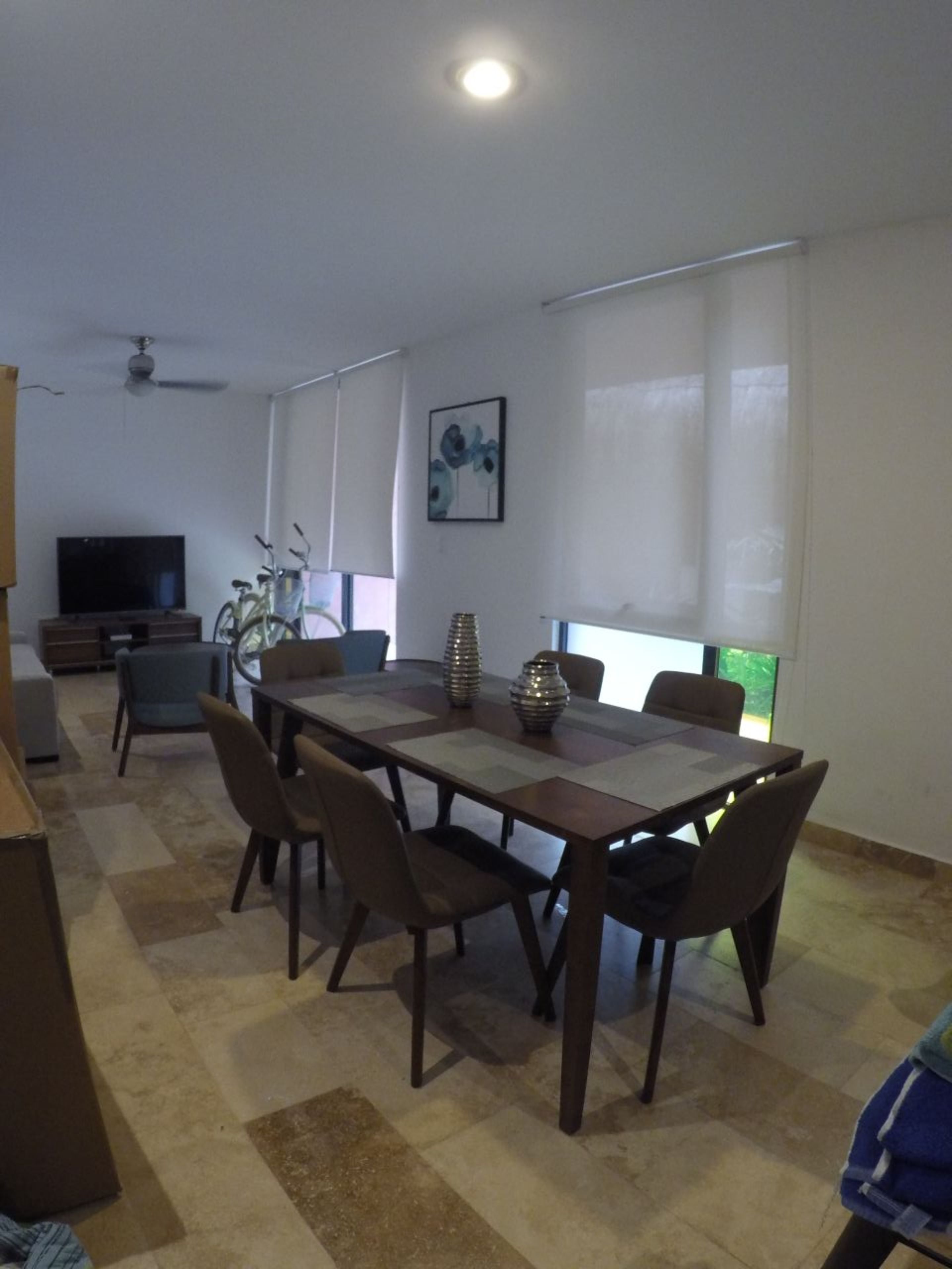 A dining area with a table and chairs, a television, and a ceiling fan.
