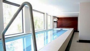 A long indoor swimming pool with a metal ladder on one side, surrounded by large windows and a wooden wall.
