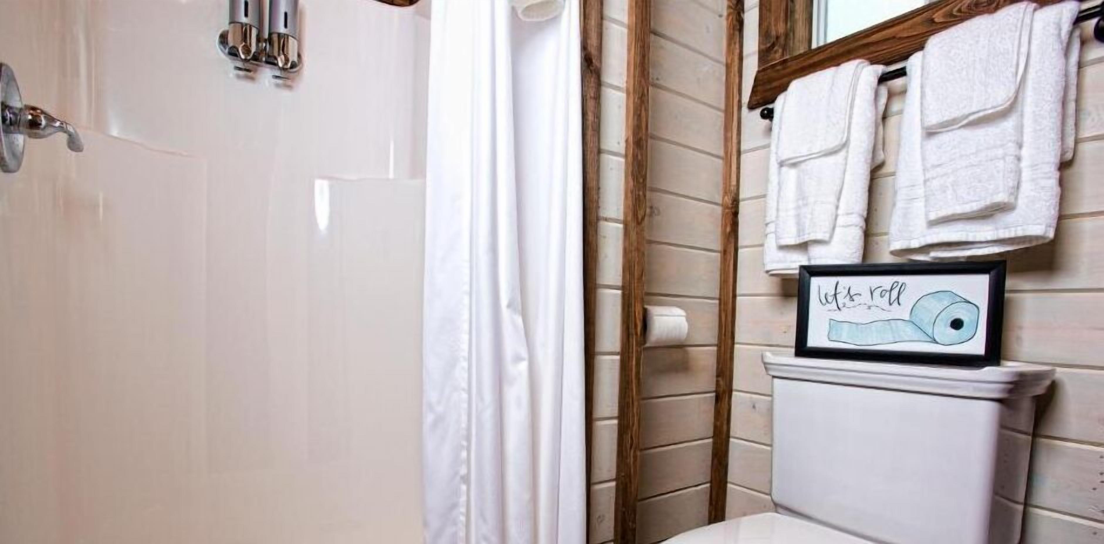Une salle de bain avec une douche, des toilettes et un tableau encadré au mur.