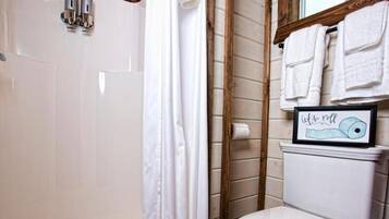 Une salle de bain avec une douche, des toilettes et un tableau encadré au mur.