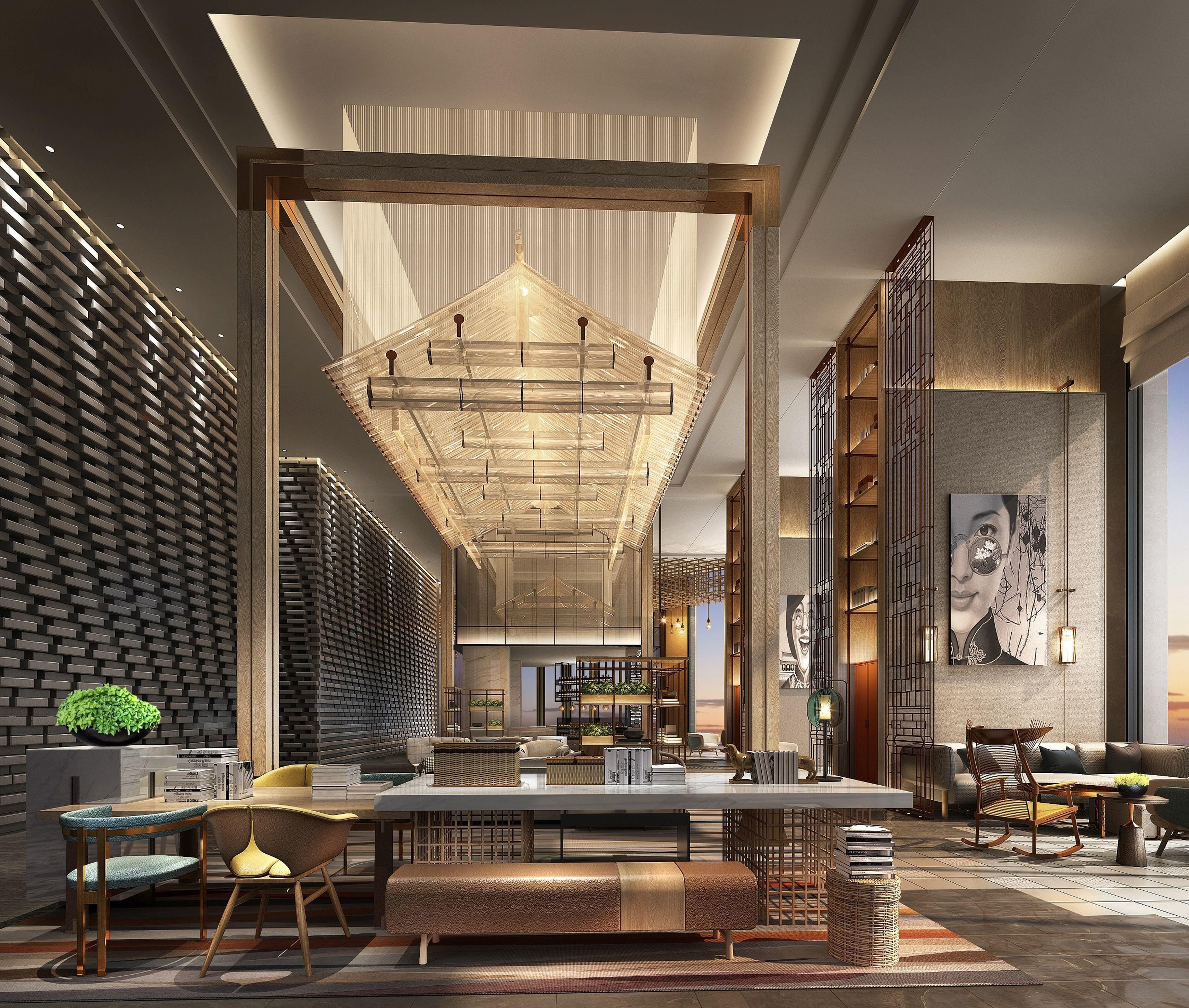 A modern interior with a central table, seating, and a large decorative ceiling structure.